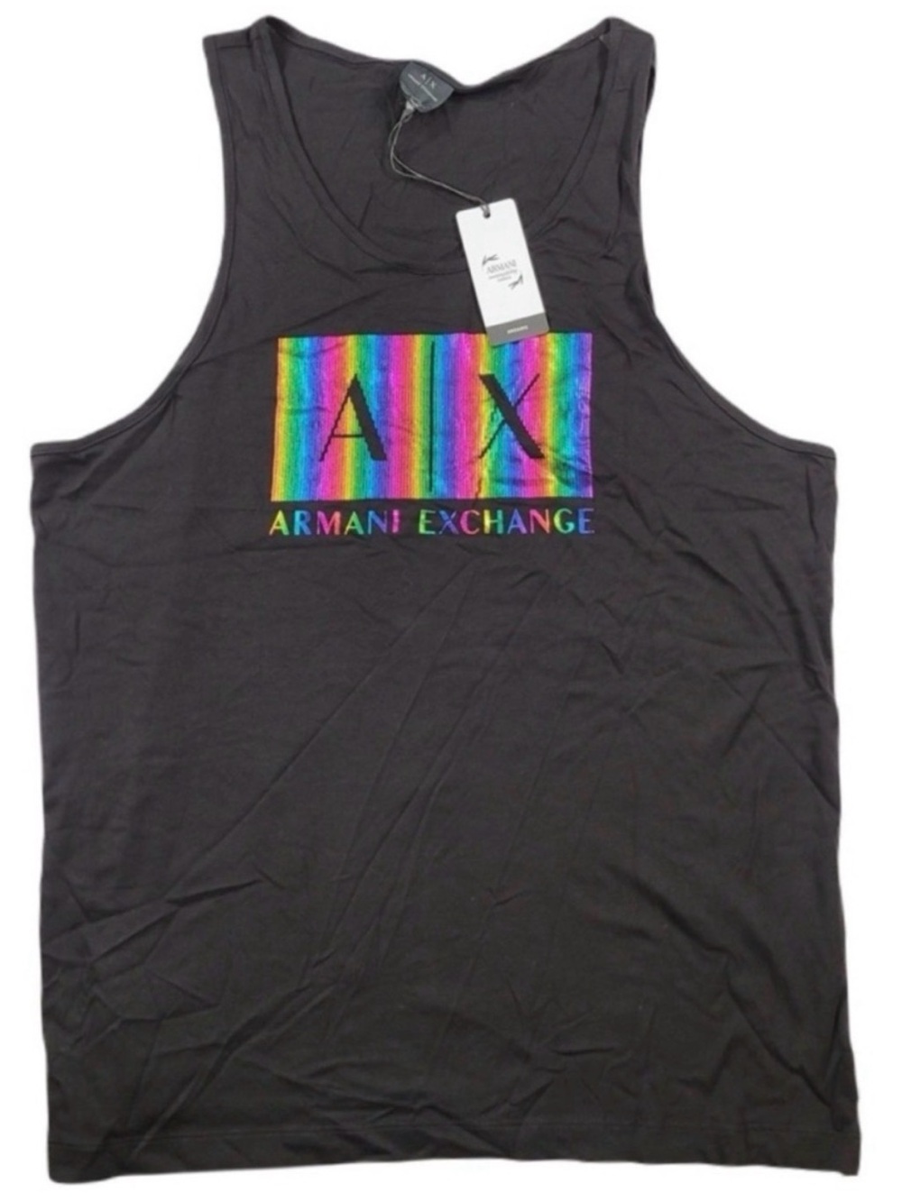 Armani Exchange Black Tank Top with Rainbow A|X Logo